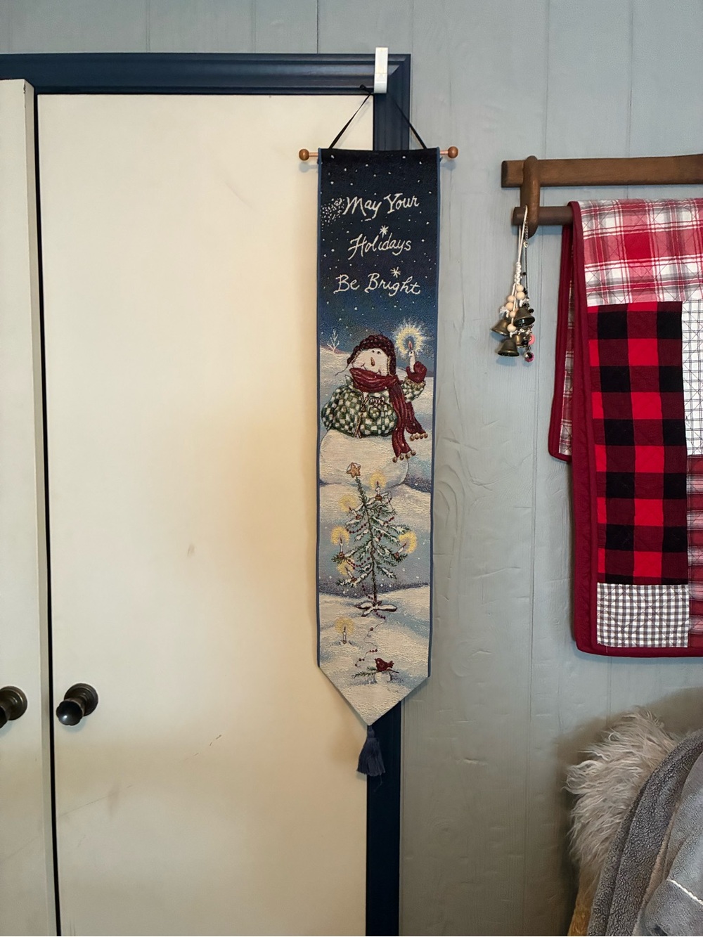 May Your Holidays Be Bright Snowman Wall Banner - Blue, red, cream